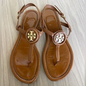 Tory Burch Tan Leather Sandals with Gold Emblem